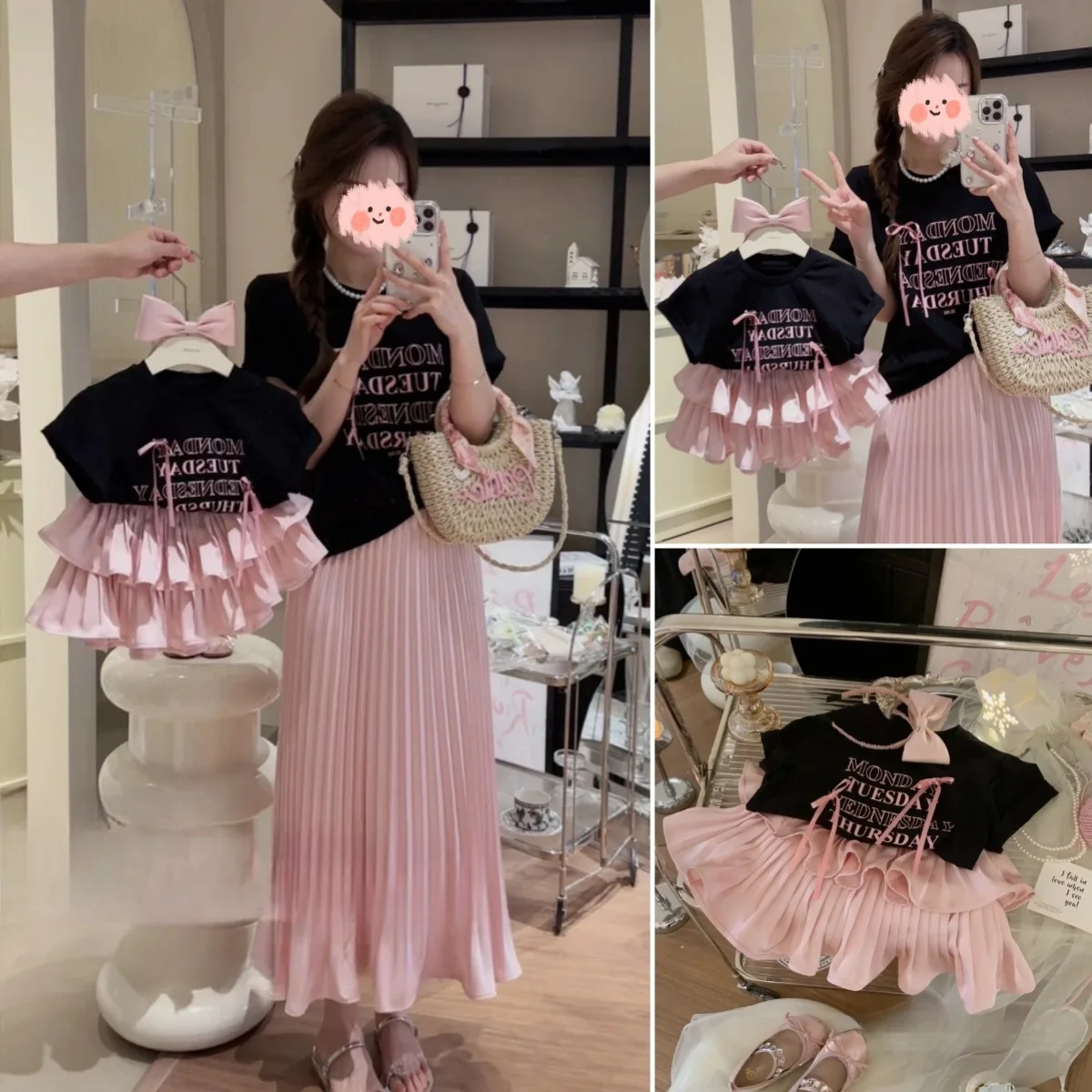 Parent-child Clothing Summer Models Korean 2024 Girls Pleated Skirt Letter T-shirt Two-piece Set Mother and Daughter Summer