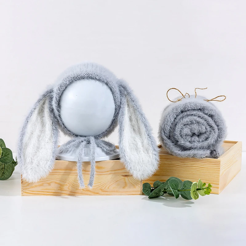 Baby Rabbit Style Hat Wrap 2pcs/Set Newborn Photography Props Baby Boy Girl Shoot Swaddle Blanket Studio Accessories