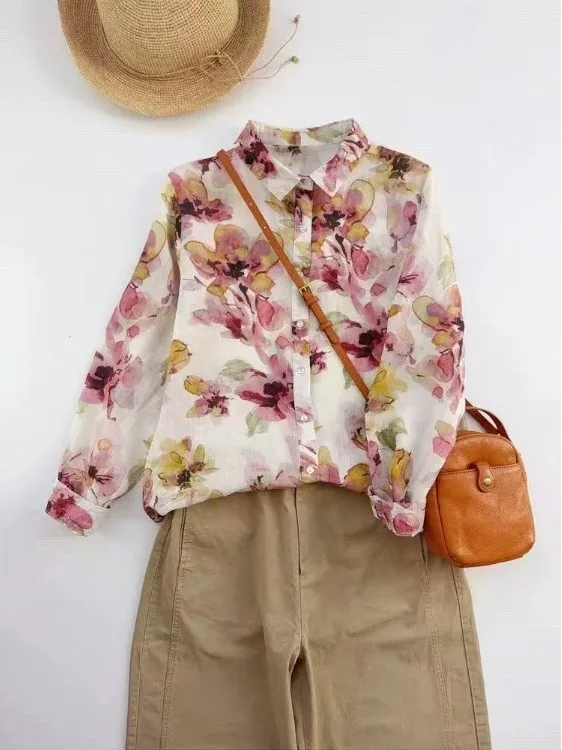 

Spring Summer New Sle Women's Floral Print irt Watercolor Thin Print Loose Fit Long Sve Collar Breathable Casual Top