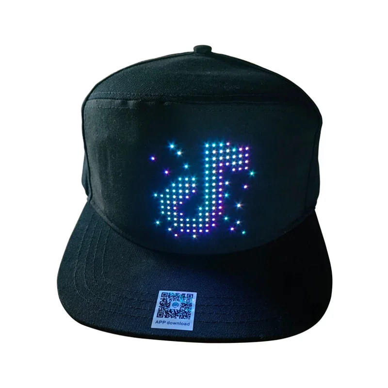 

App controlled programmable display various designs showing led light up cap message flashing luminous hat