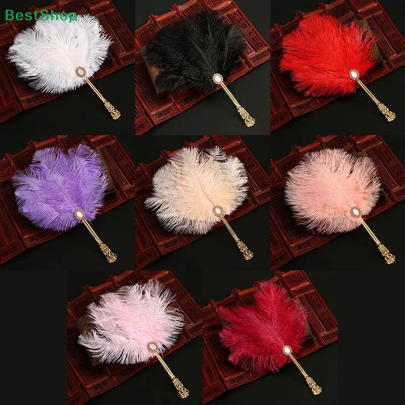 〔Liy〕Vintage Ostrich Feather Hand Fan, Decorative Feather Fan with Gold Handle for Wedding, Party & Cosplay