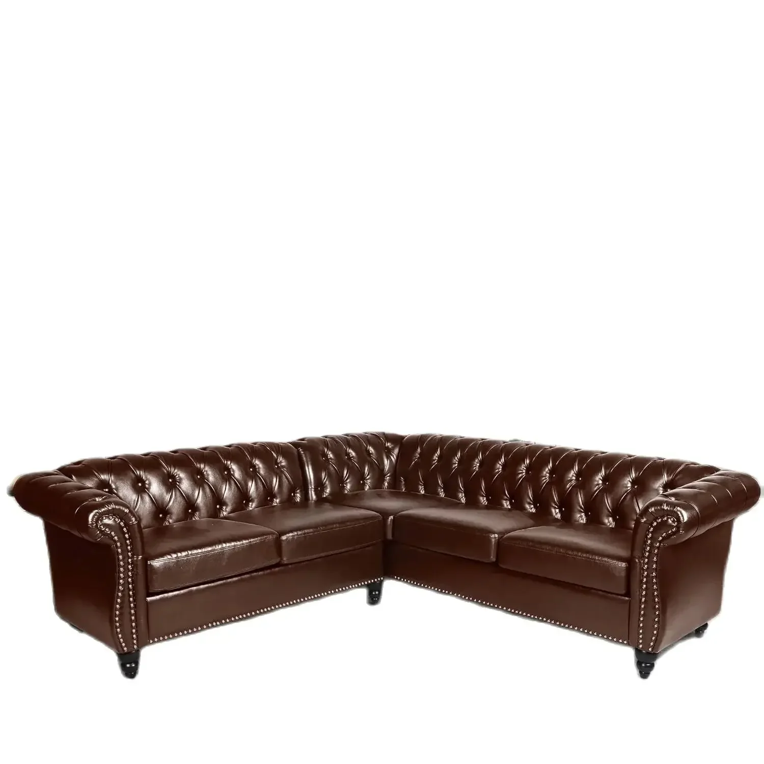 L Shaped Small Sectional Sofa, Chesterfield Leather Couch Tufted Accent Sofa with Scroll Arms and Nailhead for Living Room