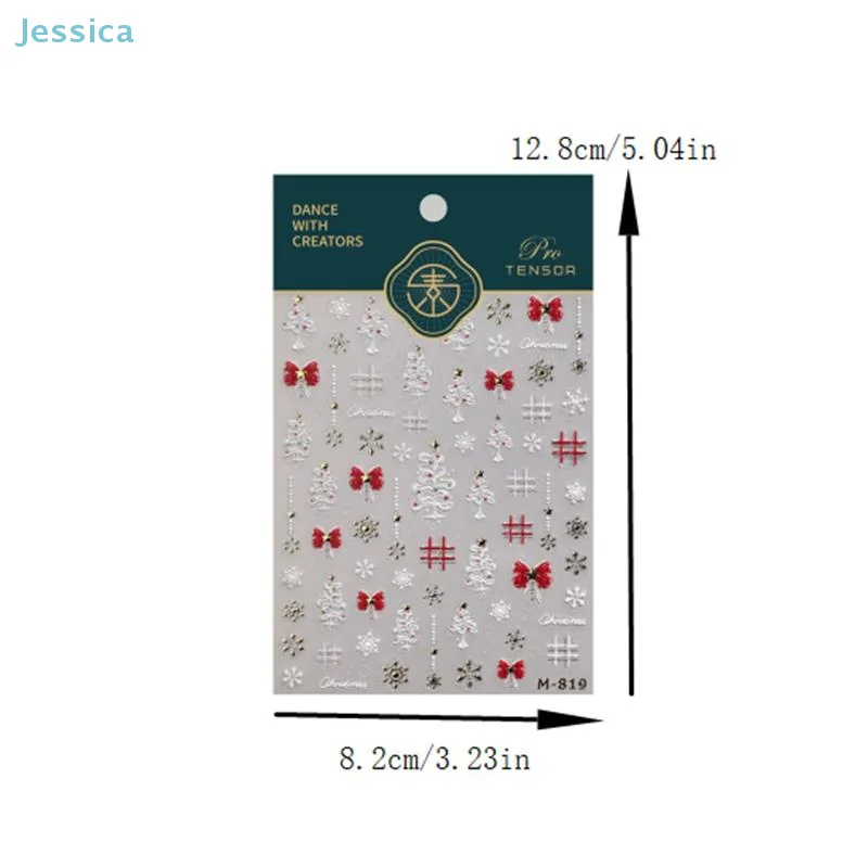 ♥ ホワイトクリスマスツリー ゴールドスタンプ スノーフレーク レッドボウノット 3Dネイルアートステッカー クリスマススタイル マニキュアデカール