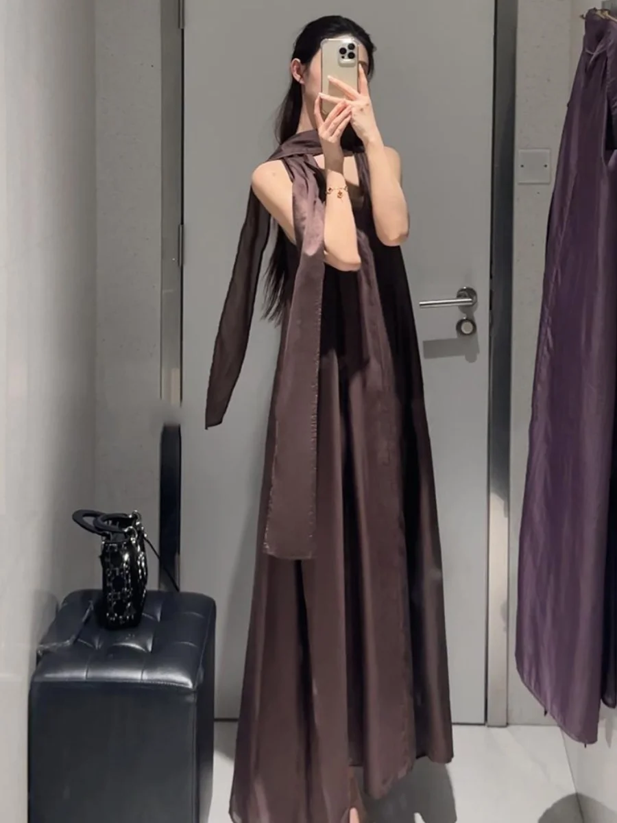 فستان صيفي طويل جديد بتصميم كوري فاخر مع ياقة وشاح، ضيق ومريح، تنورة ميدي بخصر مرتفع للنساء