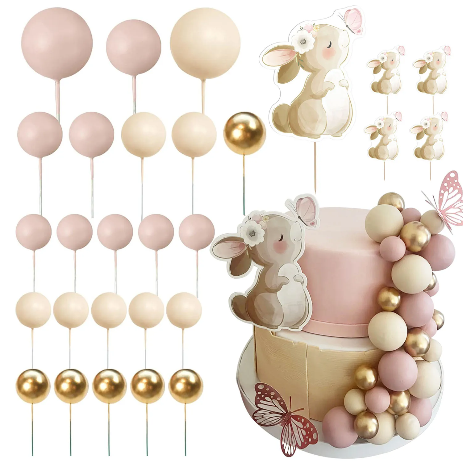 43Pcs Bunny Cream Gold Balls Cake Toppers Butterfly Rabbit Birthday Cake Decorations Bear Birthday Baby Shower Cupcake Topper