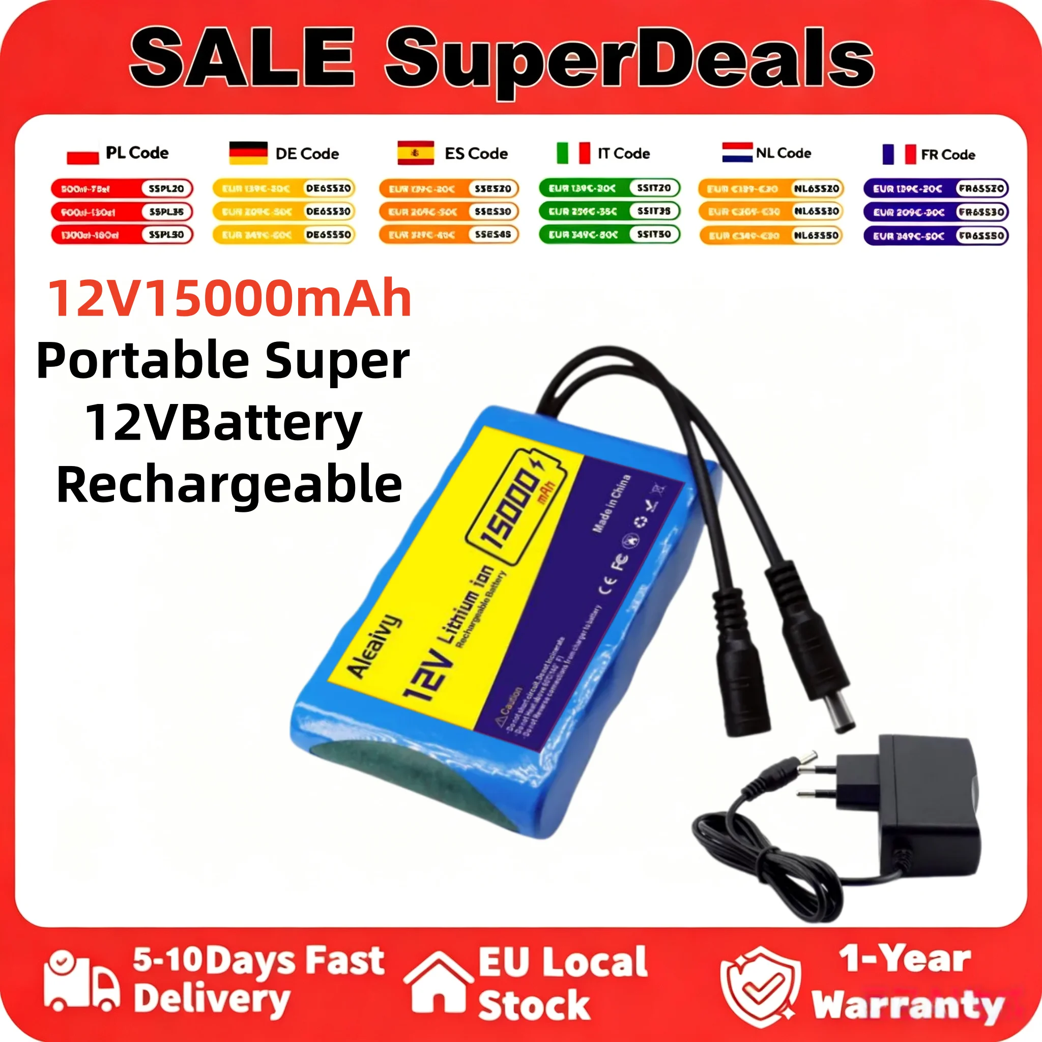 Aleaivy 100 % neuer 18650-Lithium-Ionen-Akku, 12 V, 15 Ah, 15000 mAh, 3S2P-Schutzplatine, wiederaufladbarer Akku mit 12,6-V-Ladegerät