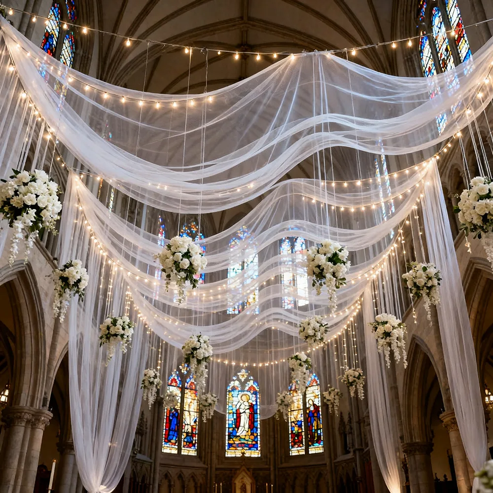 Long White European Tulle Mesh Sheer Gauze Backdrop Drape Wedding Birthday Party Photo Booth Wall Stage Background Decor