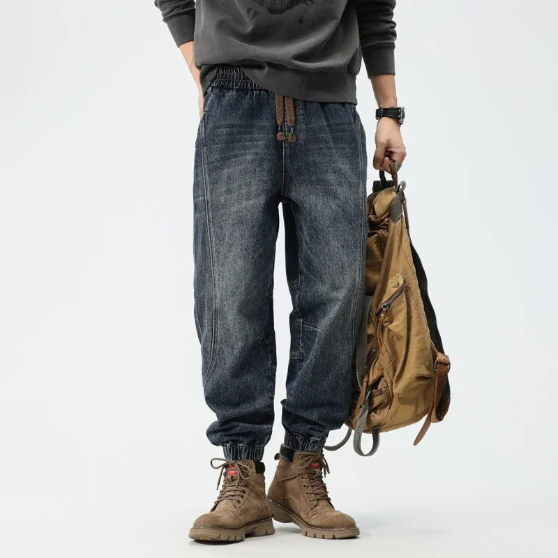 

Men Streetwear Fashion Cityboy Loose Casual Plus Size Vintage Washed Denim Cargo Jeans Pants Man Harem Trousers