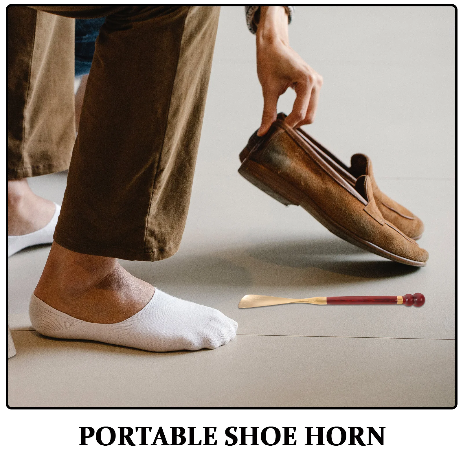 ที่โกยรองเท้าทองเหลืองหัวไม้ พกพาสะดวก สำหรับผู้สูงอายุ พร้อมด้ามจับกันลื่น อุปกรณ์ช่วยใส่รองเท้าสำหรับการเดินทาง