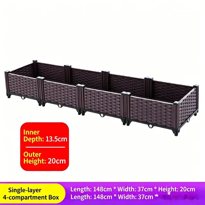 

1-Tier 4-Section Plastic Planter Box 148x37x21cm for Vegetable Herb Flower Raised Bed Ideal for Balcony Garden Outdoor Patio