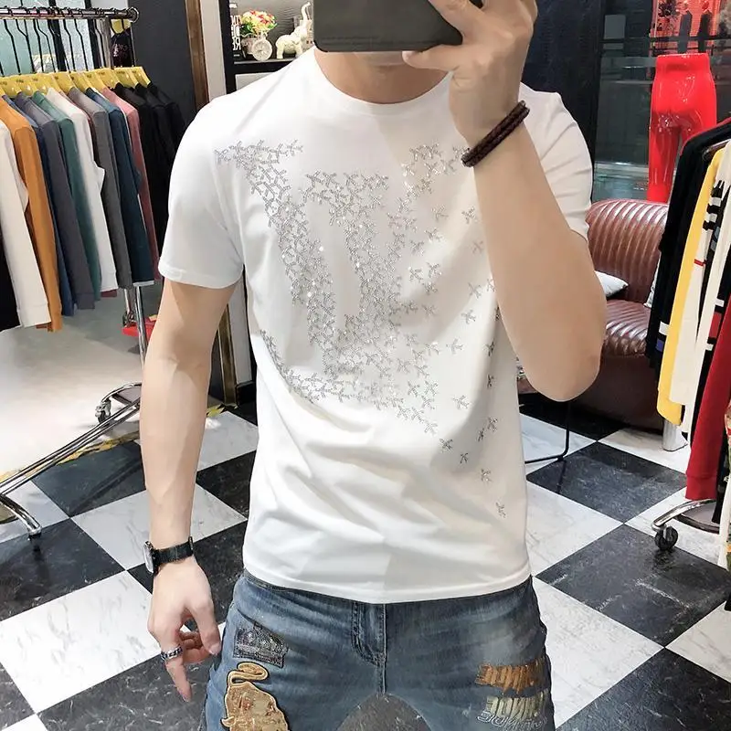 Rhinestone designer  Novelty high quality T Shirt men casual cotton top  Men\'s T-shirt Tee shirt 2024