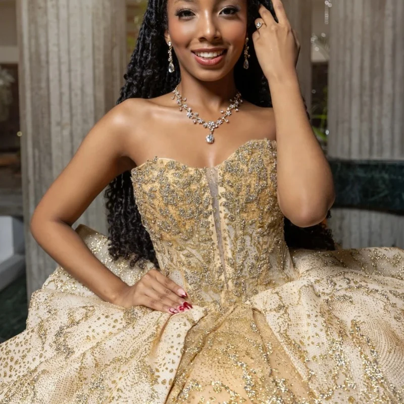 

Shiny Champagne Gold Quinceanera Dress golden Sequin Decal Long tail Big Bow Vestidos De 15 Quinceanera ﻿Customize