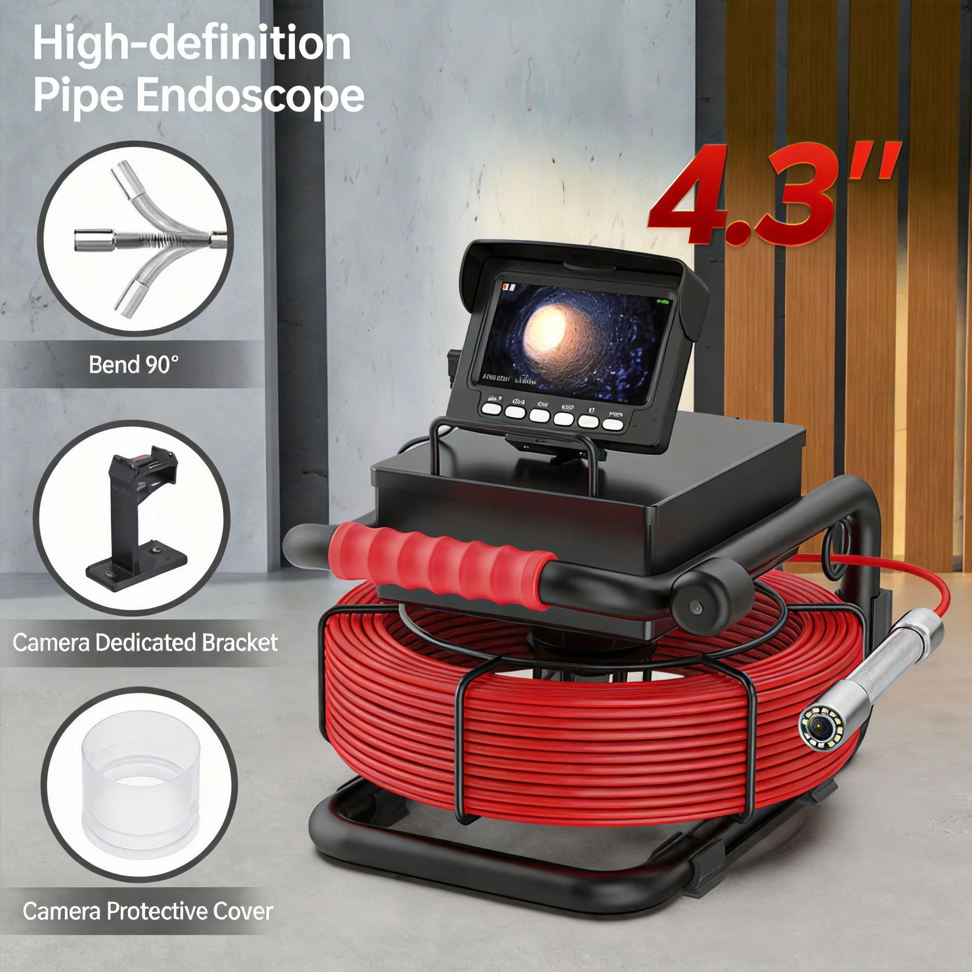 4.3 HD Sewer Inspection Camera with DVR 16GB Card, IP68 Waterproof Drain Pipeline Endoscope, 5600mAh Industrial Pipe Borescope