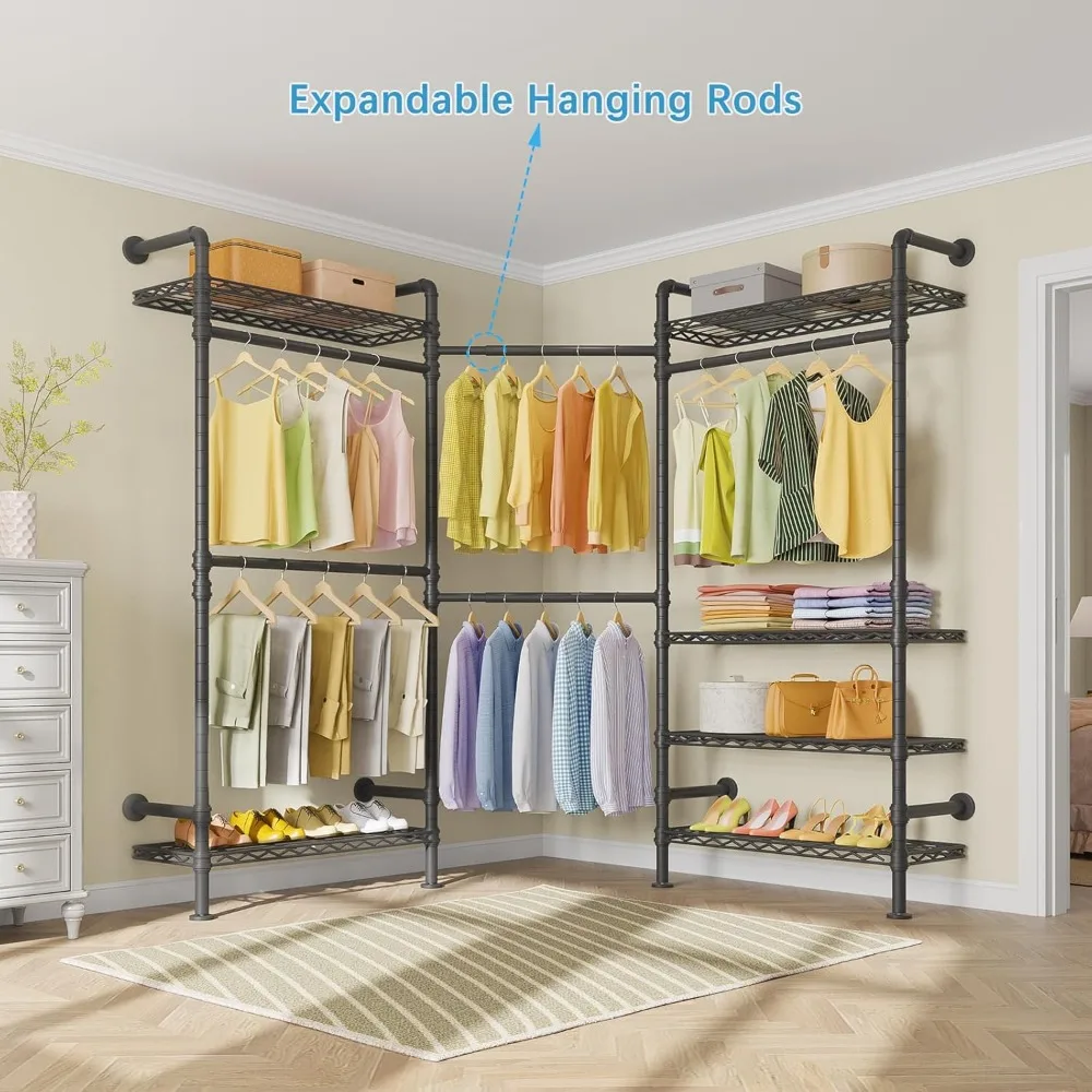 F3 Garment Rack Heavy Duty Clothes Rack for Hanging Clothes, Expandable Industrial Pipe Wall Mounted Clothing Racks