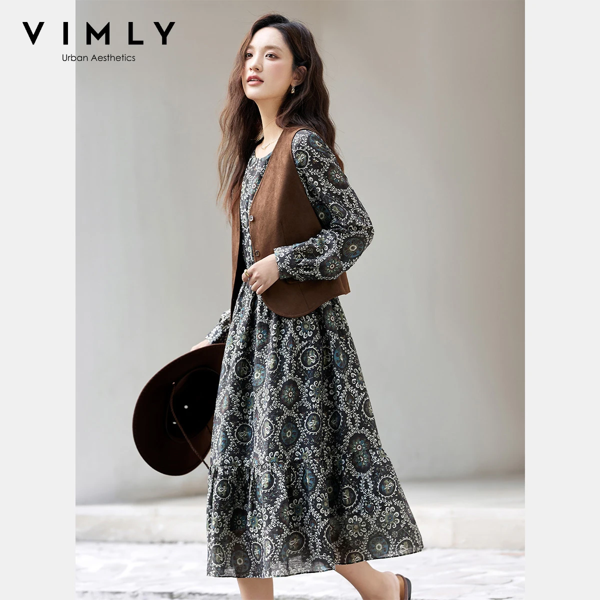 VIMLY trajes de vacaciones mujer 2025 nuevo vestido traje otoño Vintage marrón chaleco estampado Floral vestidos largos trajes de mujer A2936