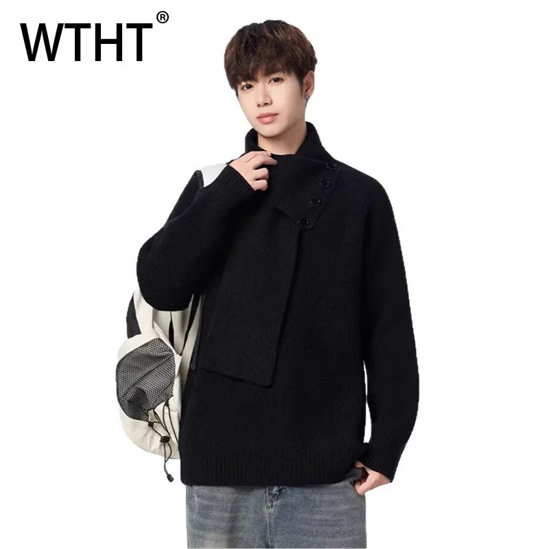 

WTHT Fashion Men's Solid Color Texture Ribbon Design Sweater Trendy 2025 Autumn Long Sleeves Stand Collar Tops Male 2A2027