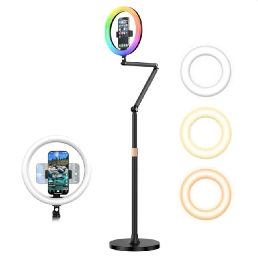 

Desk Ring Light with Overhead Camera Mount 12 LED RGB Circle Light for Video Recording Adjustable Tripod Stand with Phone Holde