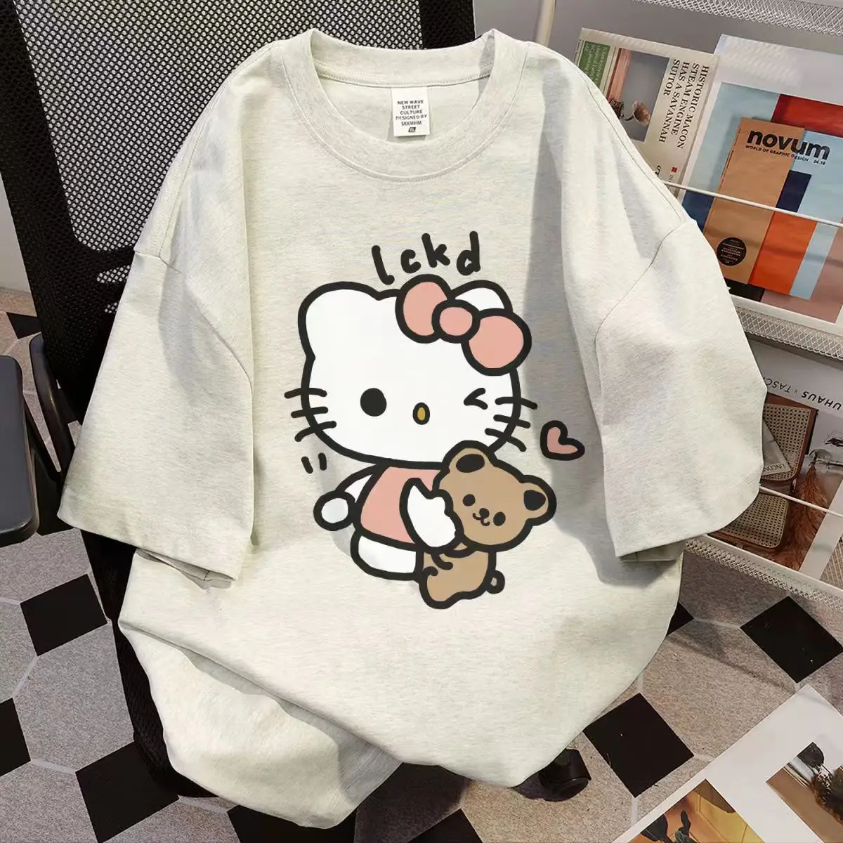 Sanrio Hello Kitty Pure cotton Chic couple tops New for 2024 Slim tops Kawaii Tshirt