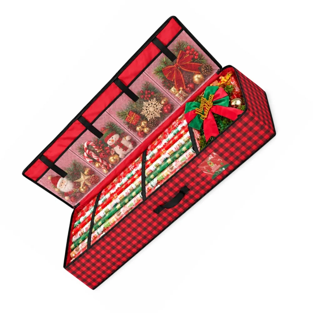 Christmas Ornament Storage Bag with Dividers Clear Pockets and Handles for Holiday Decoration Organization Red 99x35x15cm