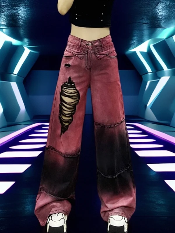 

Весна 2026: Женские повседневные джинсы с высокой талией и широкими штанинами, окрашенные в технике Color Block, рваные, из денима, с антимикробной пропиткой, свободного кроя, китайское производство.