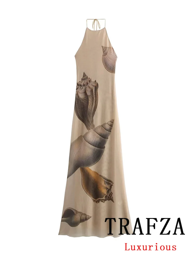 TRAFZA Vintage Casual Chic Women Dress Printing Halter Sleeveless Backless Straight Long Vestidos New Fashion 2024 Summer Dress