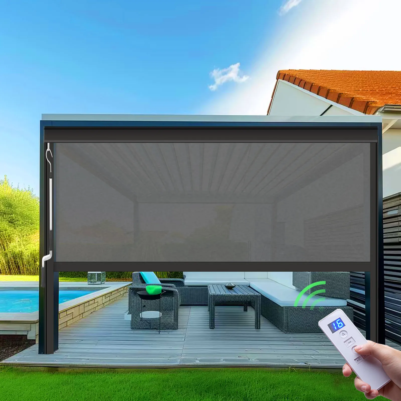 Persianas enrollables motorizadas Sunroad personalizadas con pantalla con cremallera, persianas eléctricas para Patio exterior, sombreado solar, persianas rodantes externas para exteriores