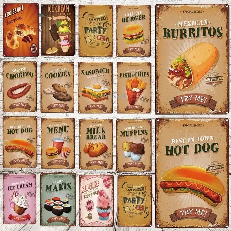 Menú sándwiches helado hamburguesa carteles de hojalata de Metal restaurante tienda de comida rápida carteles cocina Arte de la pared Decoración placas Vintage