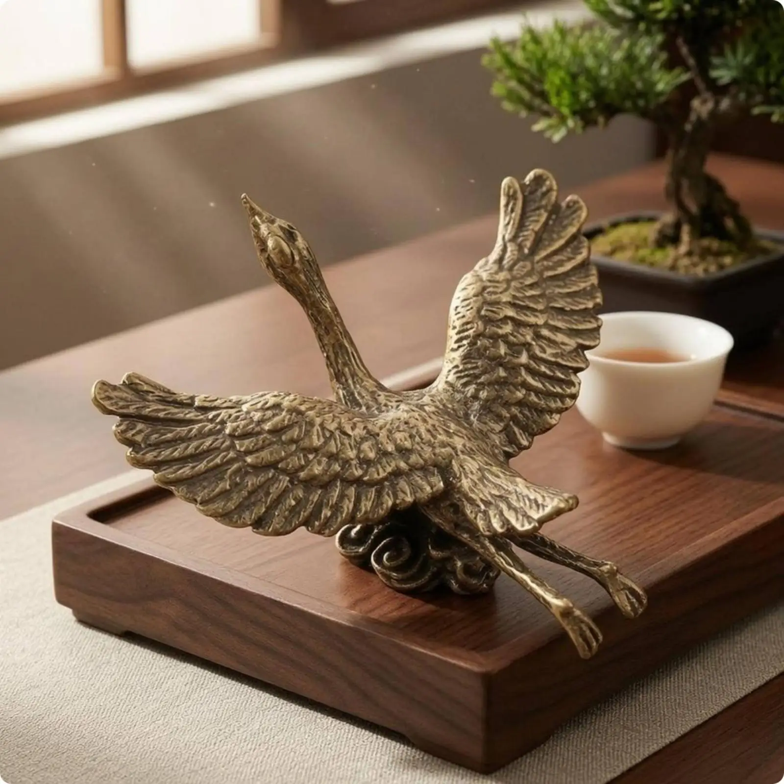 Decorative Copper Crane Figurine Engraved Feather Finish for Desk Shelf Curated Interior Space Accent