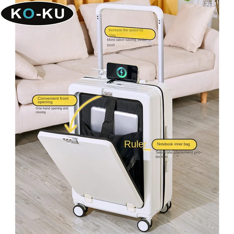 KO-KU Multifunctional Suitcase Pop-up Front Opening Wide Trolley Case 20Inch Boarding Box with USB Port Water Cup Holder Luggage