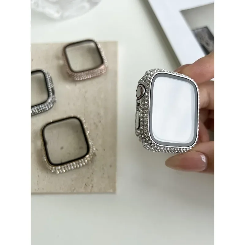 Rhinestone Decor Tempered Glass Screen Protector Watch Case For Apple Watch 38/40/41/42/44/45/46mm,Series SE/10/9/8/7/6/5/4/3/2