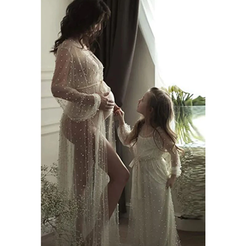 Multi layer see through Pearl Maternity Dress for Photoshoot Sexy Lingerie Baby Shower Robe платье для беременных فساتين حوامل