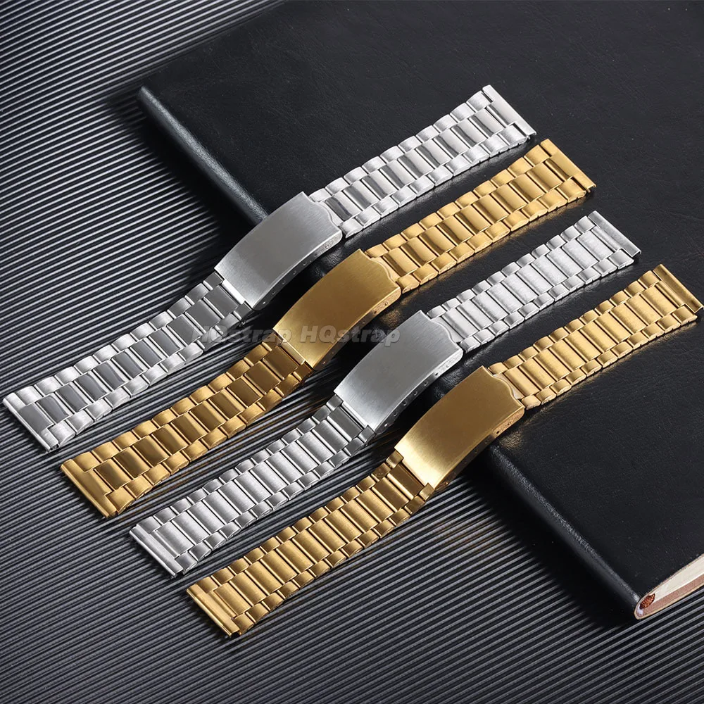 Stainless Steel Watch Band 12mm 14mm 18mm 20mm Silver Gold Universal Strap Folding Buckle Metal Bracelet for Men Women Wristband