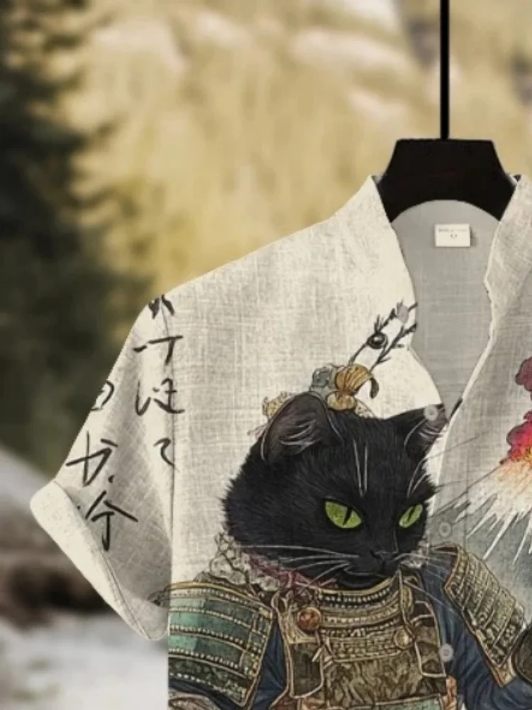Men's Black Cat Warrior DJ Volcanic Eruption Print Short Sleeve Shirt Stylish Harajuku Hip hop Man Clothings Retro Stand Collar