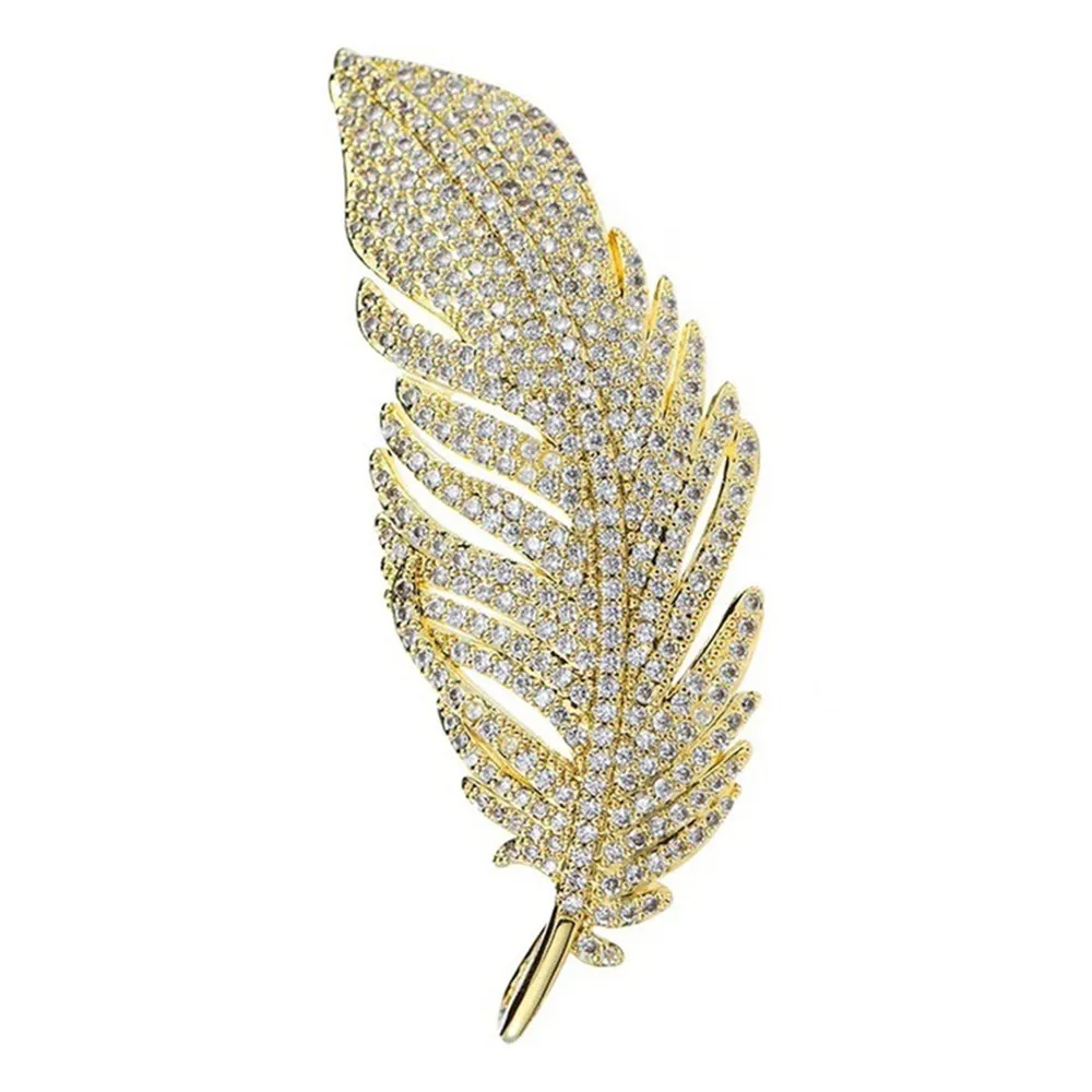 Luxury Silver Color Golden Crystal Feather Brooches For Women Rhinestone Alloy Plant Brooch Lady Party Safety Pins Jewelry Gift