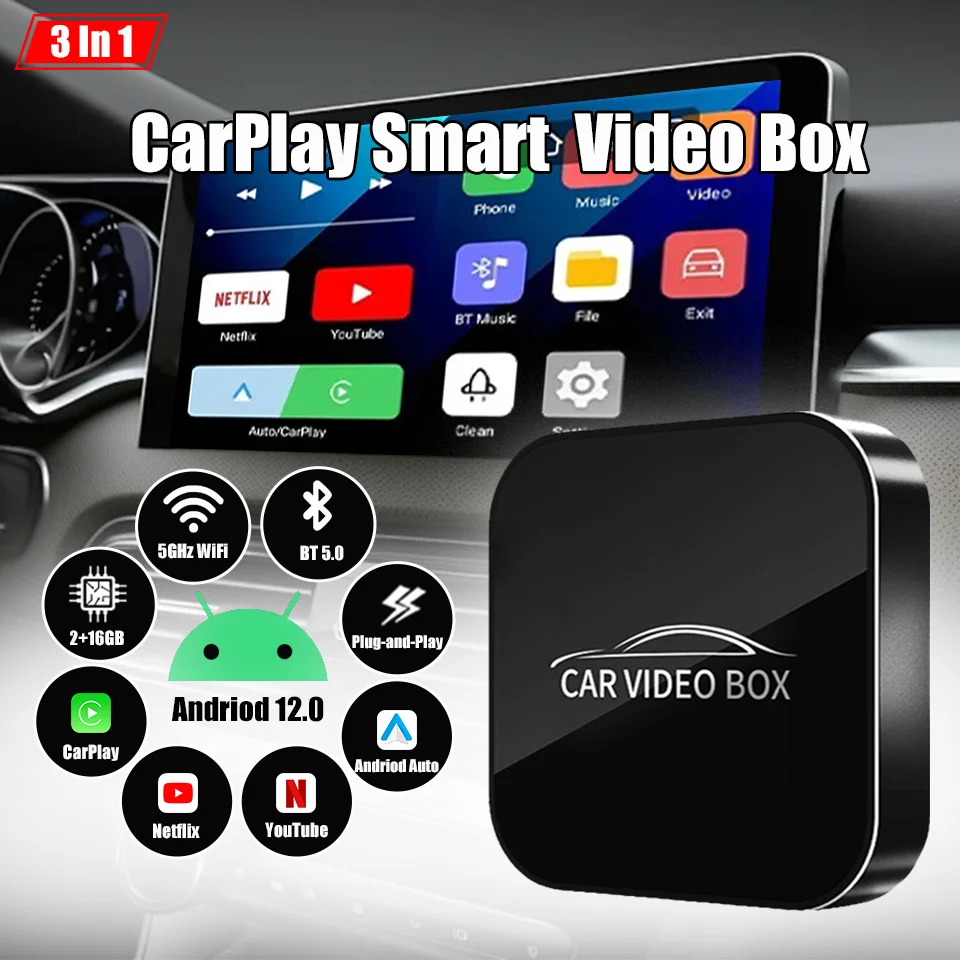 Andriod 12.0 Smart Video Box Wireless Android Auto Wireless Carplay 3in1 Multimedia Adapter Built-in Netflix YouTube Plug & Play