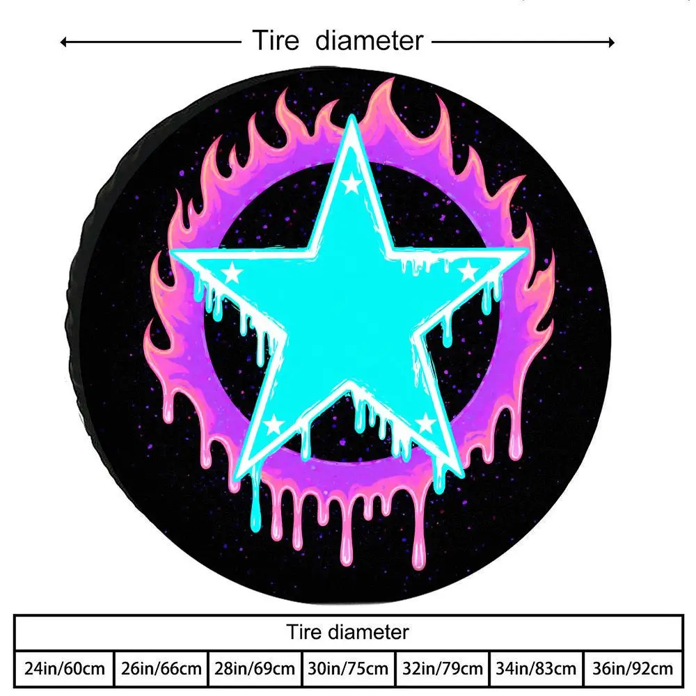Tire Cover Made Of Polyester Fiber Featuring A Bright Cyan Five-Pointed Star With A White Border And Small Stars, Surrounded By