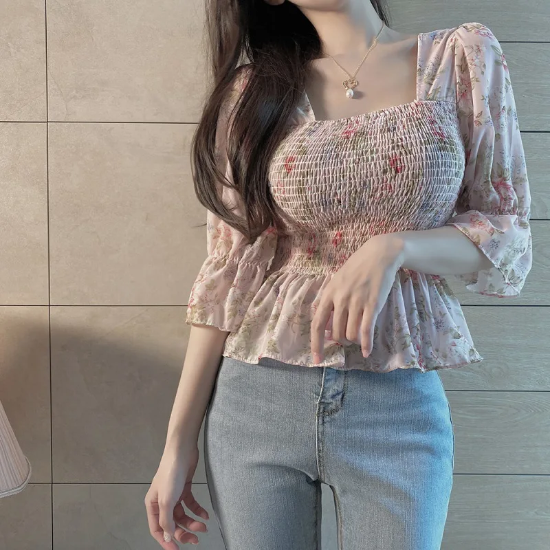 

Blouses Women Slim Floral Print Lantern Sleeve Elegant Female Temperament Schoolgirls Summer All-match Leisure Holiday Clothes