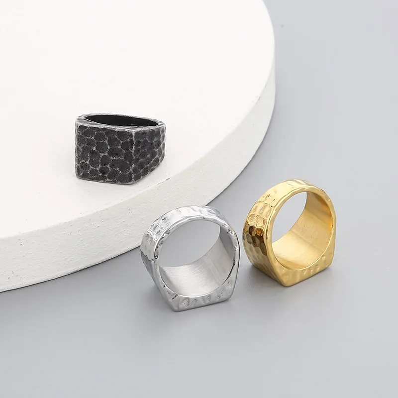 European Retro Stainless Steel Square Hammer Pattern Chunky Ring For Women Men Punk Rotre Unisex Finger Anillos Party Jewelry