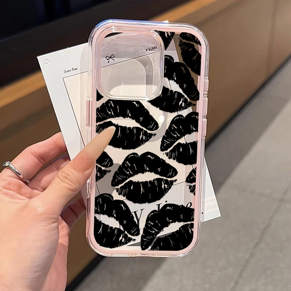 INS Black Lip Mark Phone Case For Samsung Galaxy A57 A55 A54 5G S25 S24 S23 Plus S26 S25 Ultra FE Transparent SIlicone TPU Cover