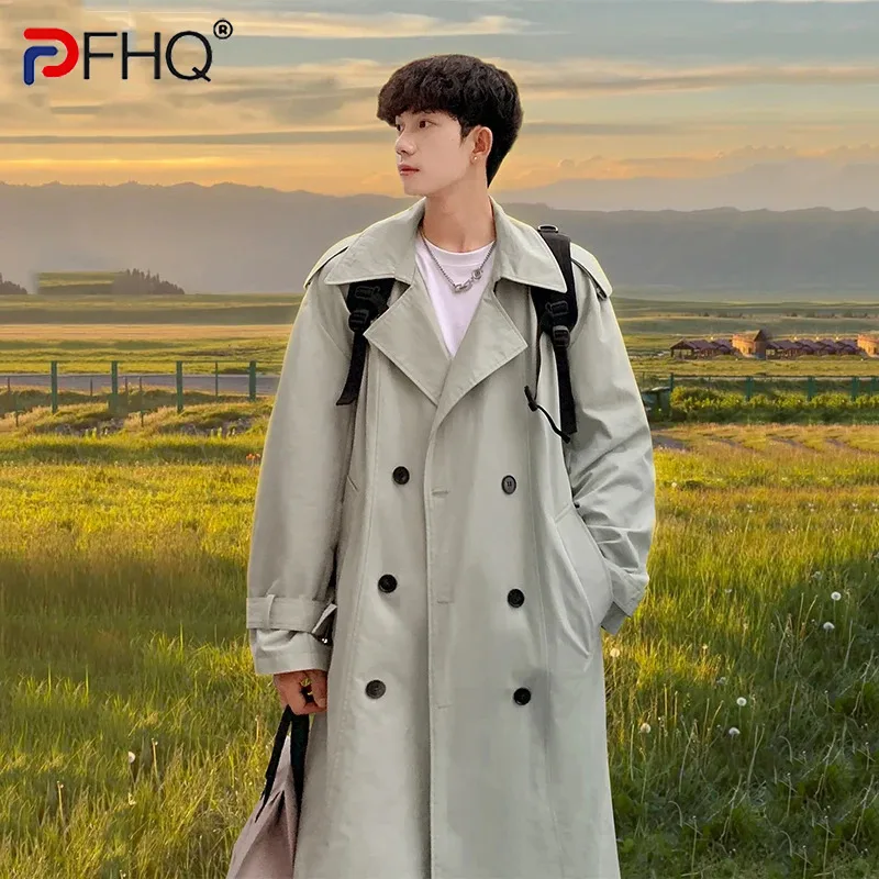 

PFHQ Mid Long Autumn Trench Coat Double Breasted Over The Knee Jacket Men's Korean Fashion Solid Color Male Tops Fashion 21Z6022