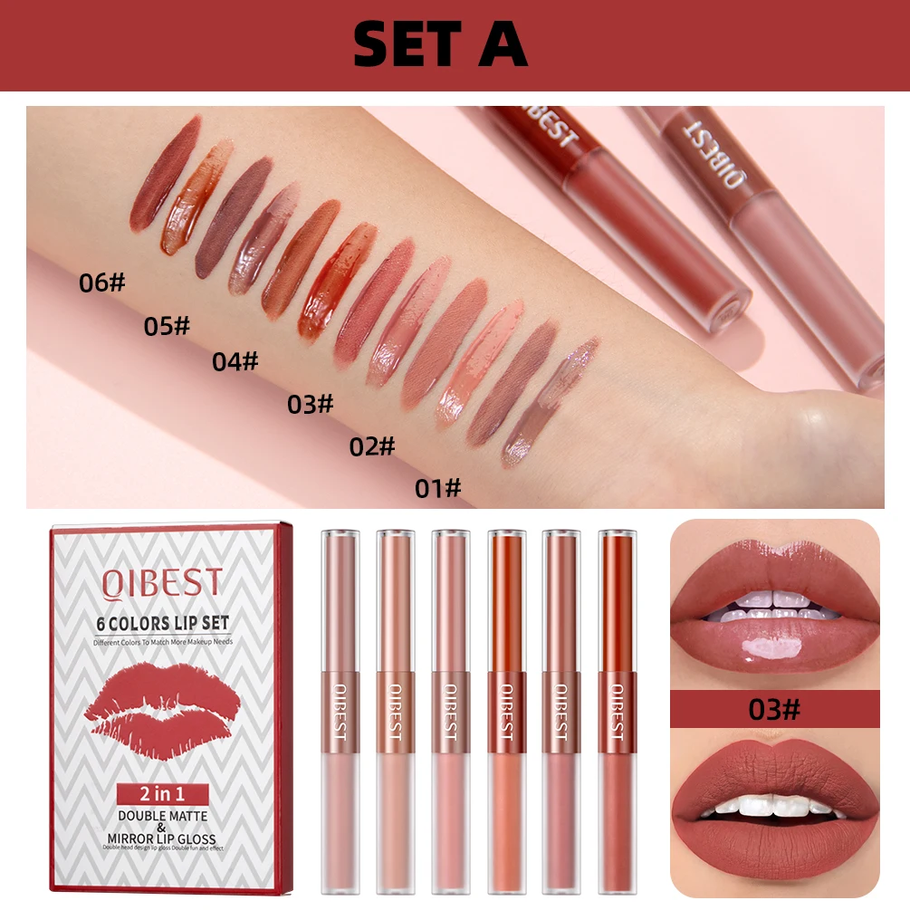 QIBEST Double-head Matte Velvet  Liquid Lipstick Long Lasting Non-Stick Cup Nude Mirror Lipgloss For Women Lips Makeup Cosmetics