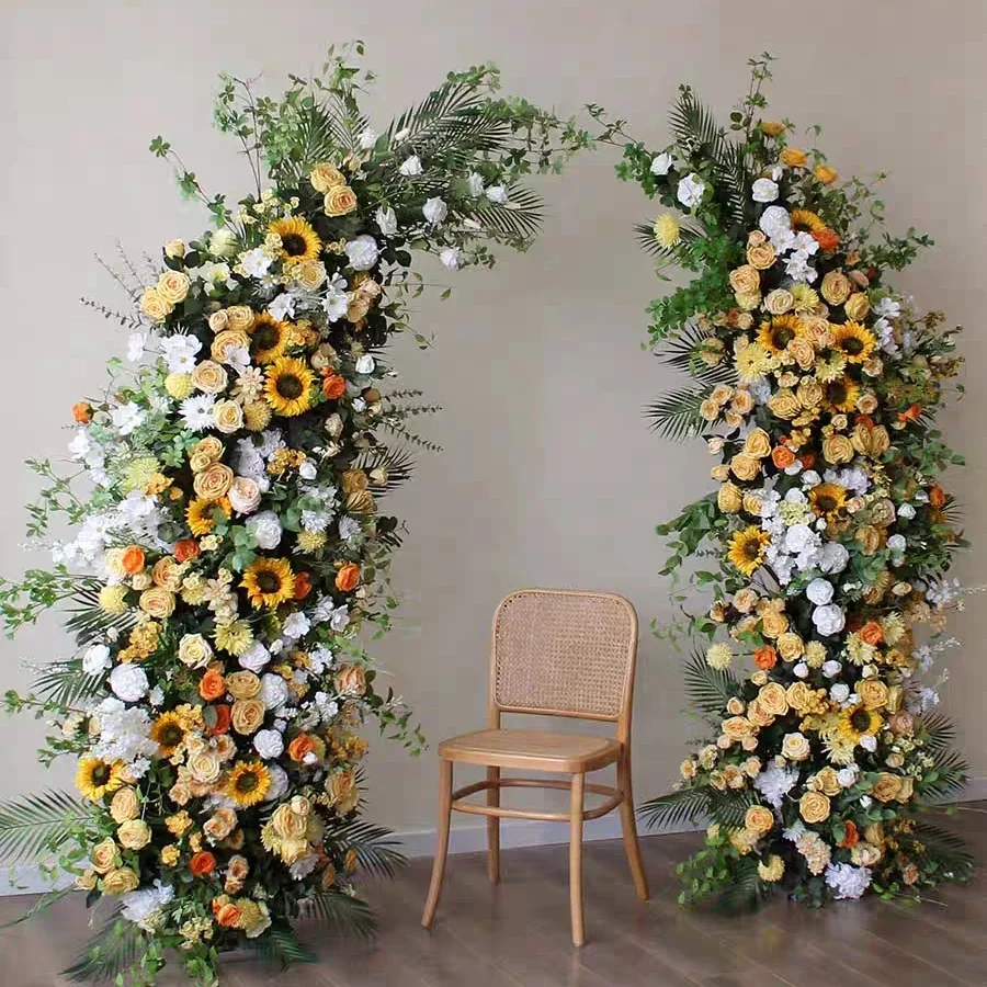 Suministros para fiestas, fotomatón, decoración de boda, girasoles de seda, rosas amarillas artificiales, arco de boda, centros de mesa, telón de fondo