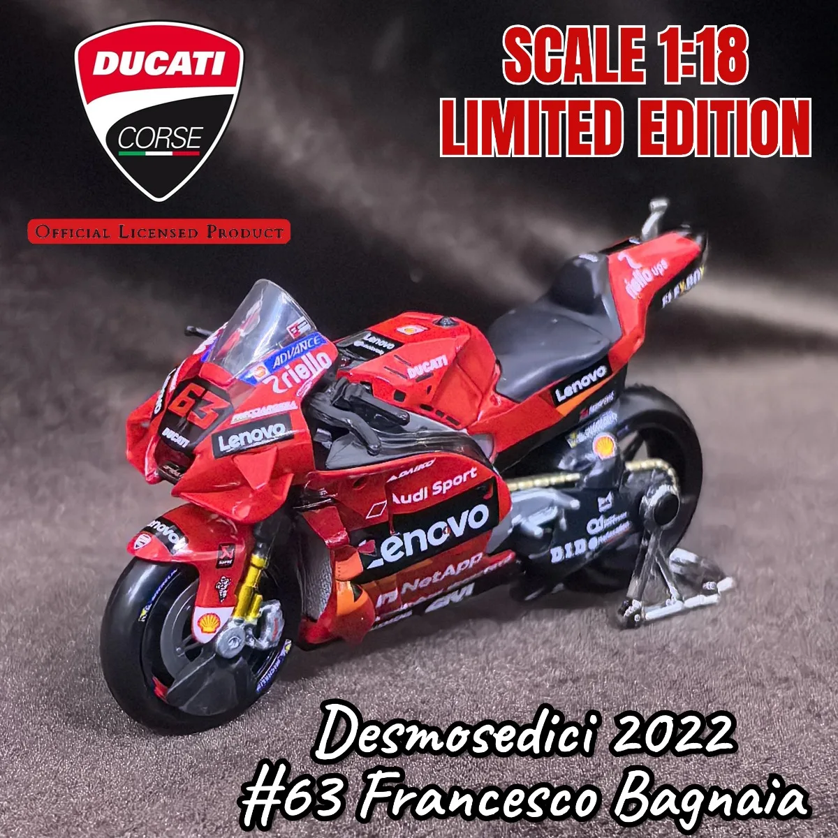 

Масштаб 1:18 Desmosedici 2022г. # 63, мини-модель мотоцикла Francesco Bagnaia, реплика автомобиля, миниатюрная детская игрушка в подарок на Рождество