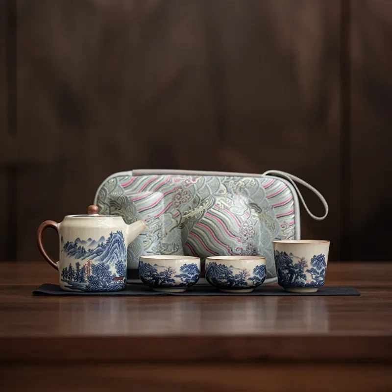 Ru Kiln Underglaze Color Travel Tea Set Ceramic One Pot Three Cups Portable Outdoor Camping Tea Making Equipment Ceremony Gifts