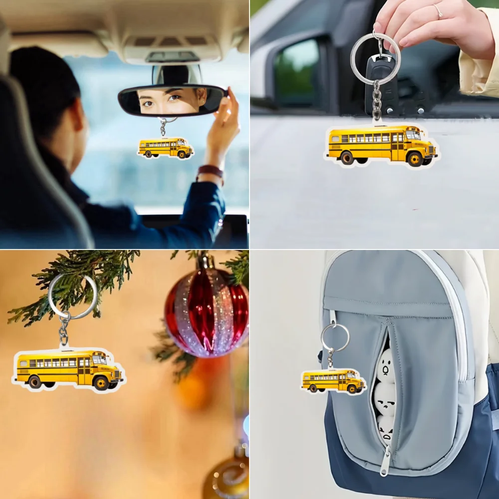 2D Mini School Bus Acrylic Keychain Classic Bus Pendant Charm for Car Mirror Wallets Backpacks Home Decor Versatile Gift For Her