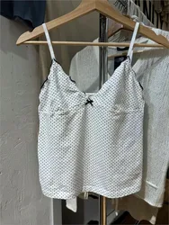 New Black Dot Fungus Trim Bow Crop Top Women Summer Cotton Slim V-neck Sleeveless Camisole Sweet Cute Preppy Style Tank Tops Y2K