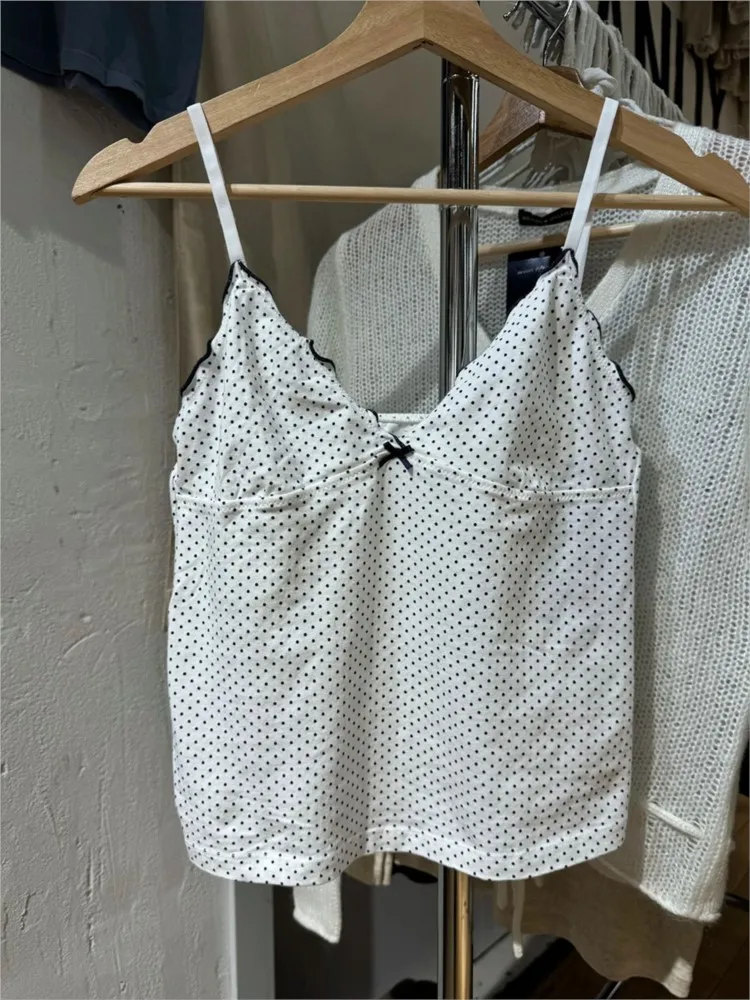 New Black Dot Fungus Trim Bow Crop Top Women Summer Cotton Slim V-neck Sleeveless Camisole Sweet Cute Preppy Style Tank Tops Y2K