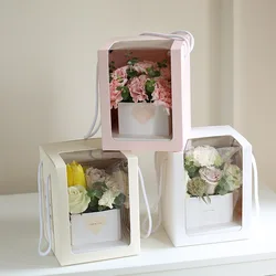 5pcs Valentine's Day Flower Box Open Window Pvc Transparent Square Portable Folding Flowers Packaging Eternal Flower Gift Box