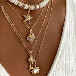Bohemia Ocean Starfish Shells Pendant Mulitlayer Choker Necklace for Women Sweet Imitation Pearl Necklace Holiday Party Jewelry