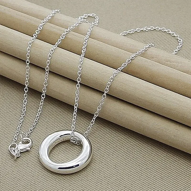 

925 Sterling Silver Small Round Circle Pendant Necklace Chain Fashion Jewelry
